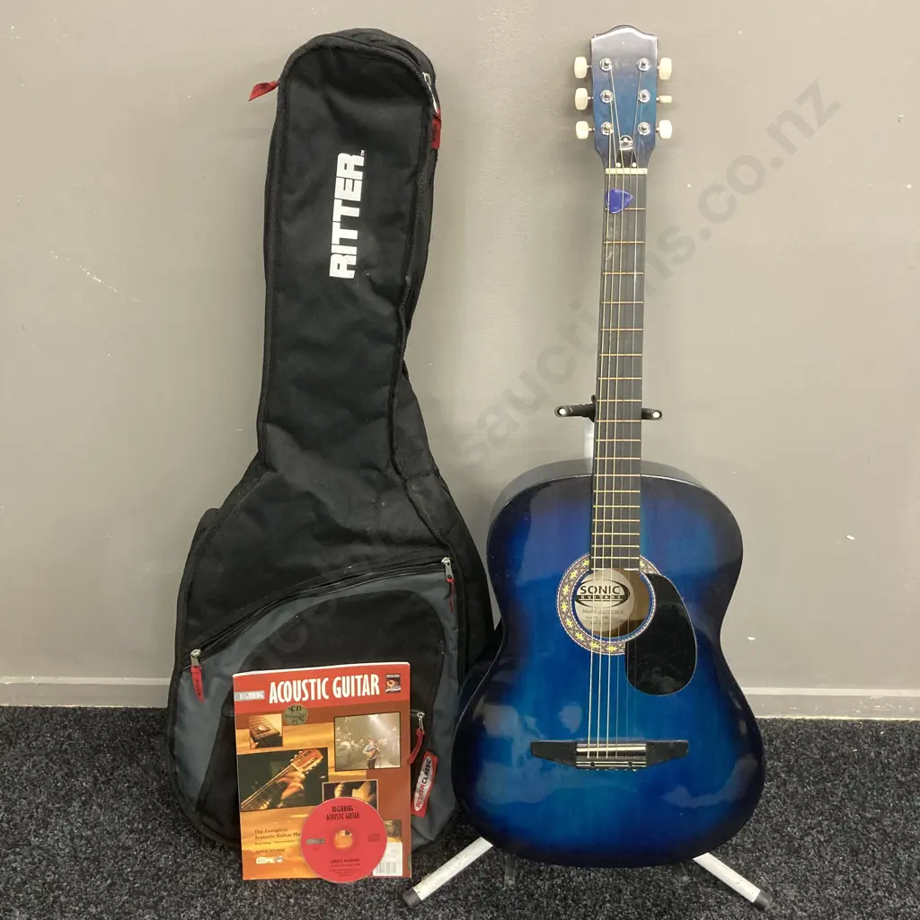 Sonic Blue/Black Acoustic Guitar With Greg Horne's Beginning Acoustic Guitar Book & CD With Ritter Classic Guitar Bag Image 1++